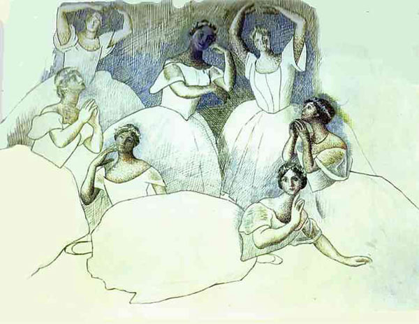 Pablo Picasso. Group of Dancers. Olga Kokhlova liggande i förgrunden. 1919-20. Crayon. Foto Olga's Gallery